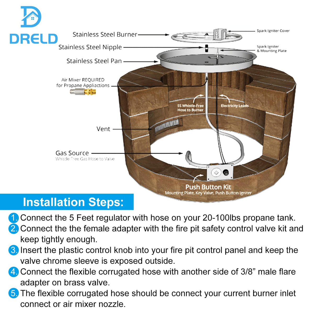 DRELD fire pit assembly parts pack includes essentials for setup.