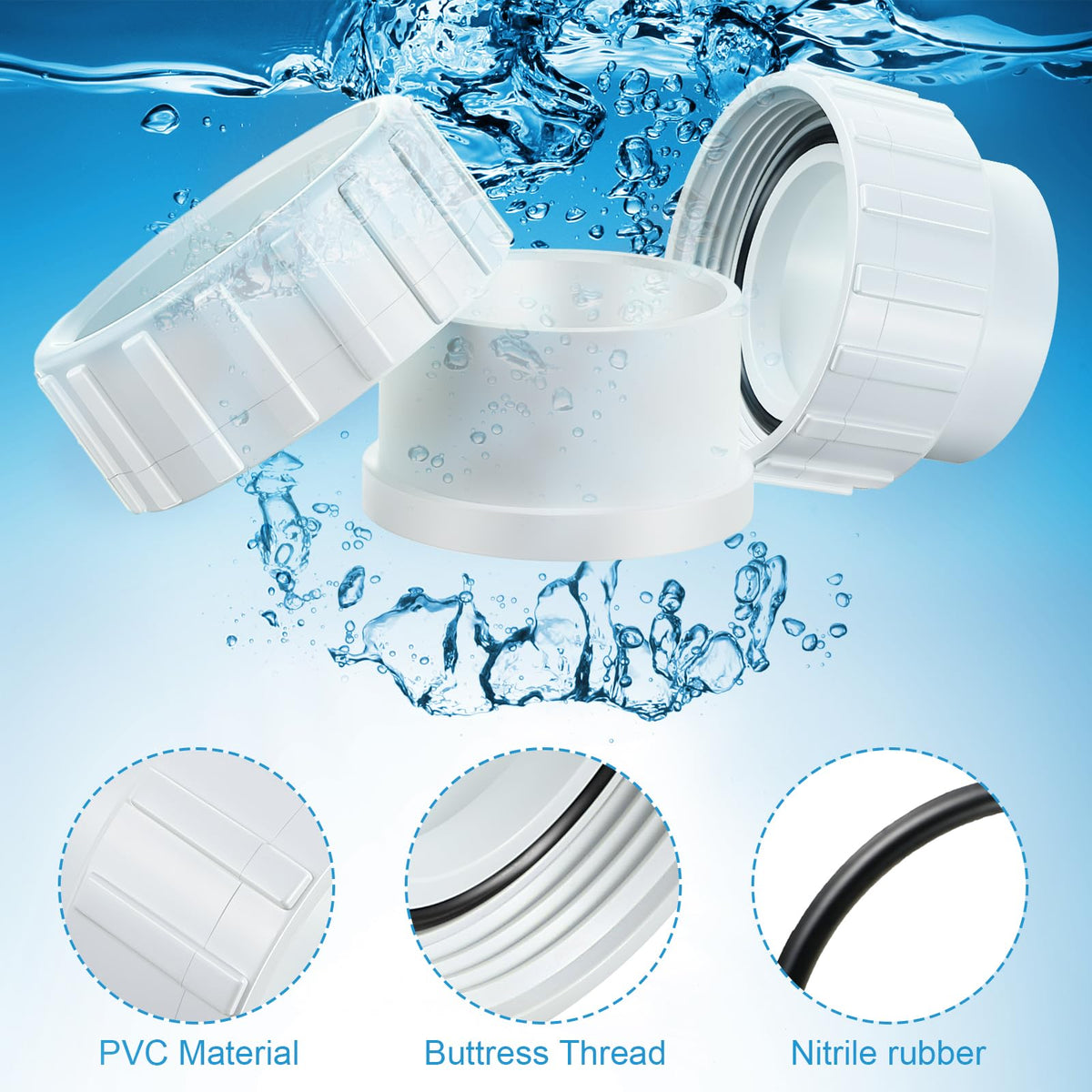 Dreyoo 4-piece union kit package content includes nuts, connectors, and O-rings.