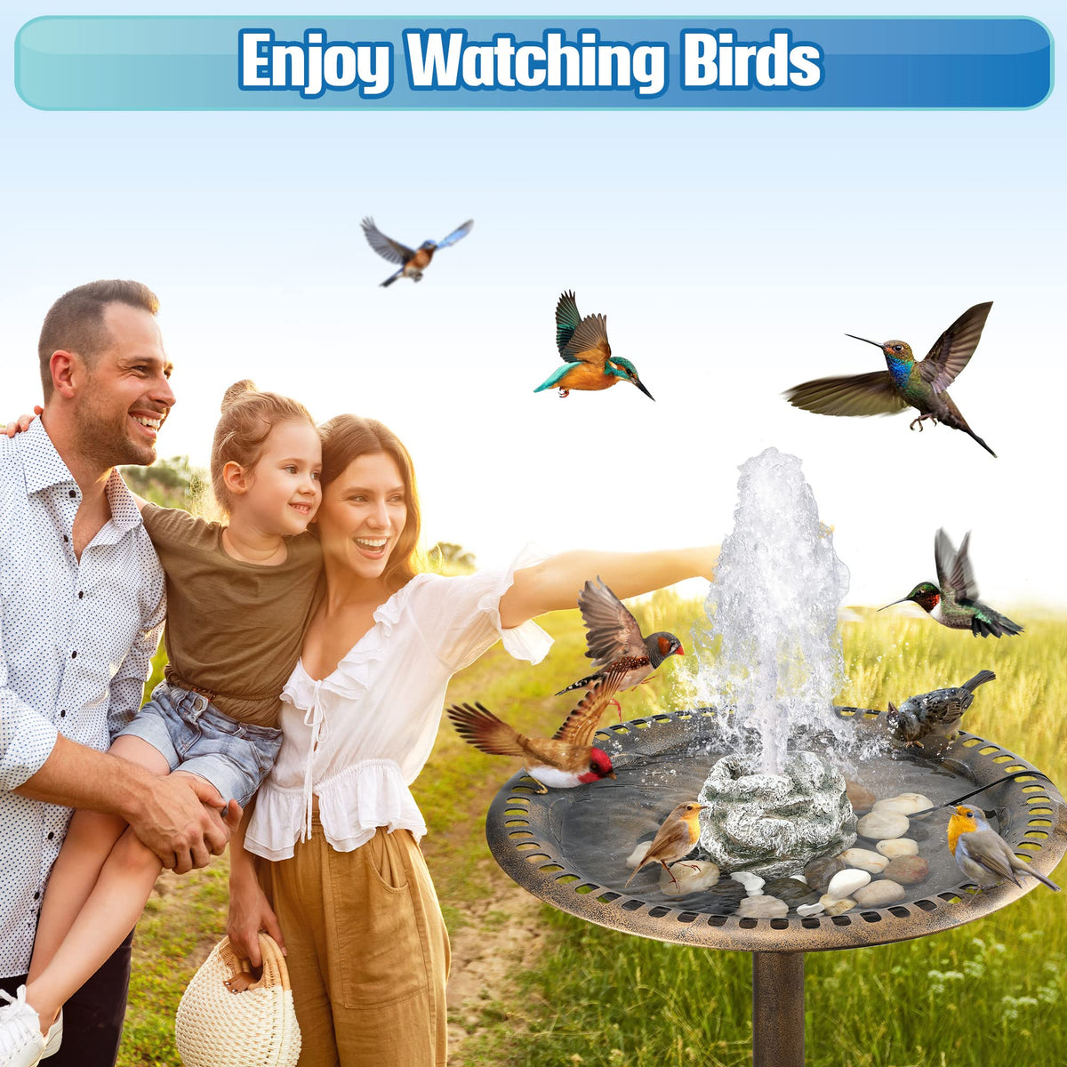 Dreyoo Bird Bath Fountain quick setup, simply place, fill water, and enjoy.
