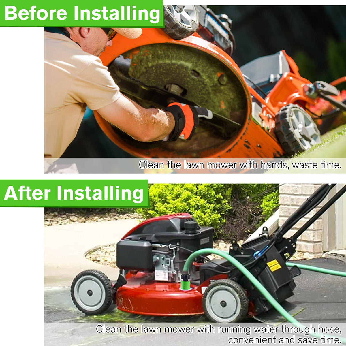 Dreyoo deck wash kit in use on a riding mower demonstrates practical cleaning.