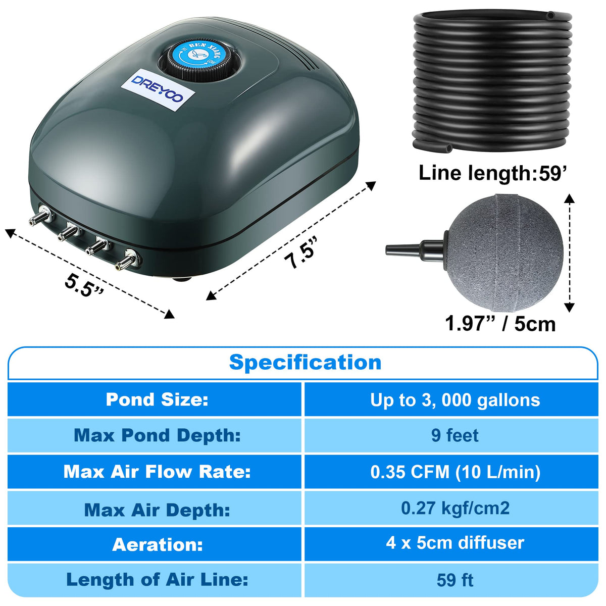 Dreyoo four aeration stones diffuser set for ponds and tanks