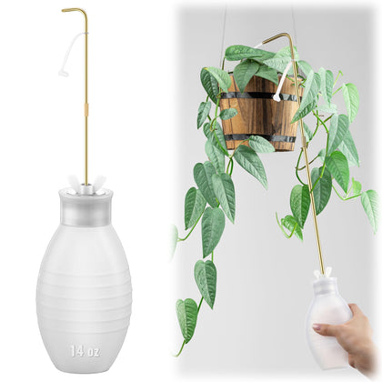 Dreyoo long-spout squeeze bottle reaching hanging plants for precise watering.