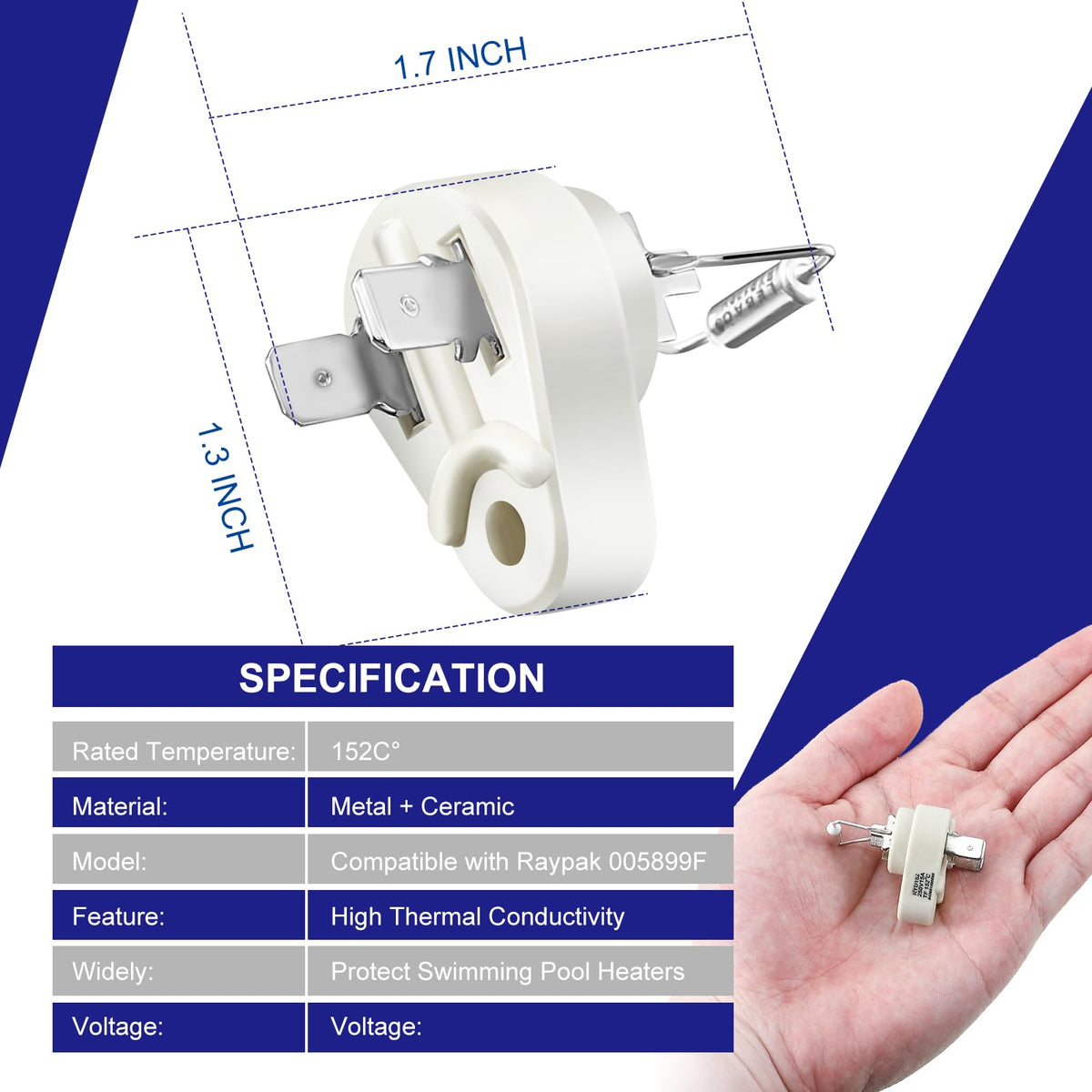 Dreyoo 152°C thermal fuse close-up showing durable construction for pool heater reliability