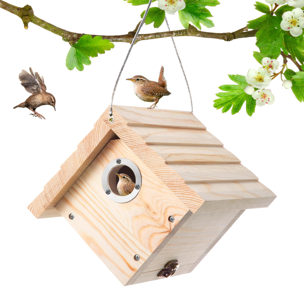 Dreyoo Wren House with 1-1/8 inch entrance hole, ideal for wrens in a garden.