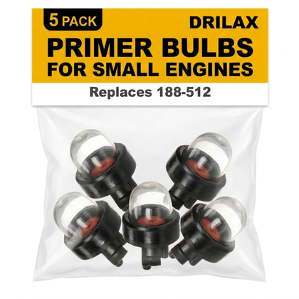DRILAX primer bulbs 5-pack close-up highlighting quick replacement for reliable small engine starts.