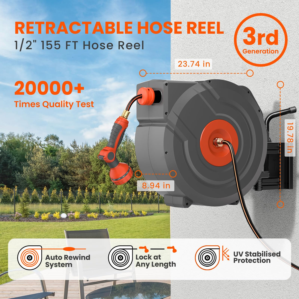 DRINCOSH 155ft hose reel extended showing long reach across lawn