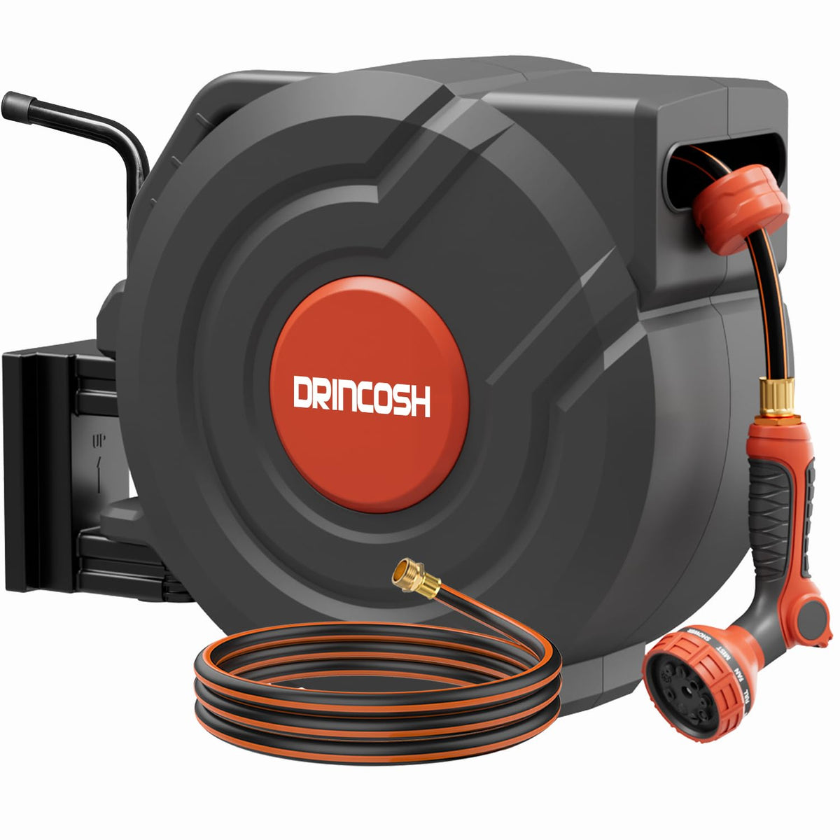 DRINCOSH retractable hose reel wall-mount in use for tidy storage and easy access