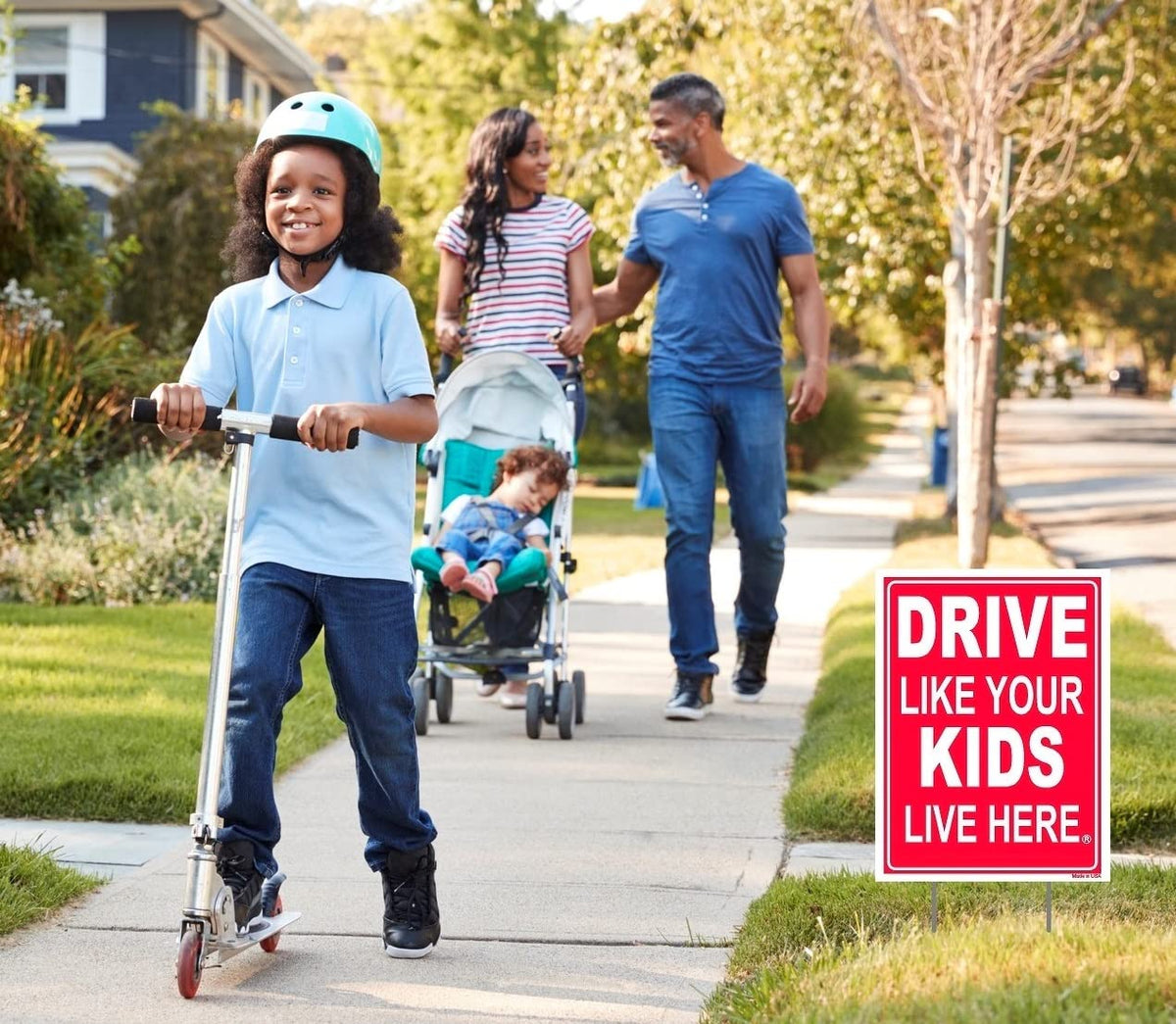 Drive Like Your Kids Live Here weather resistant yard sign withstands outdoor conditions