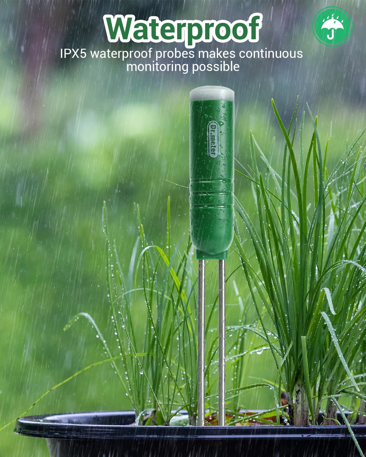 Dr.meter probe installed in soil inside a plant pot for monitoring