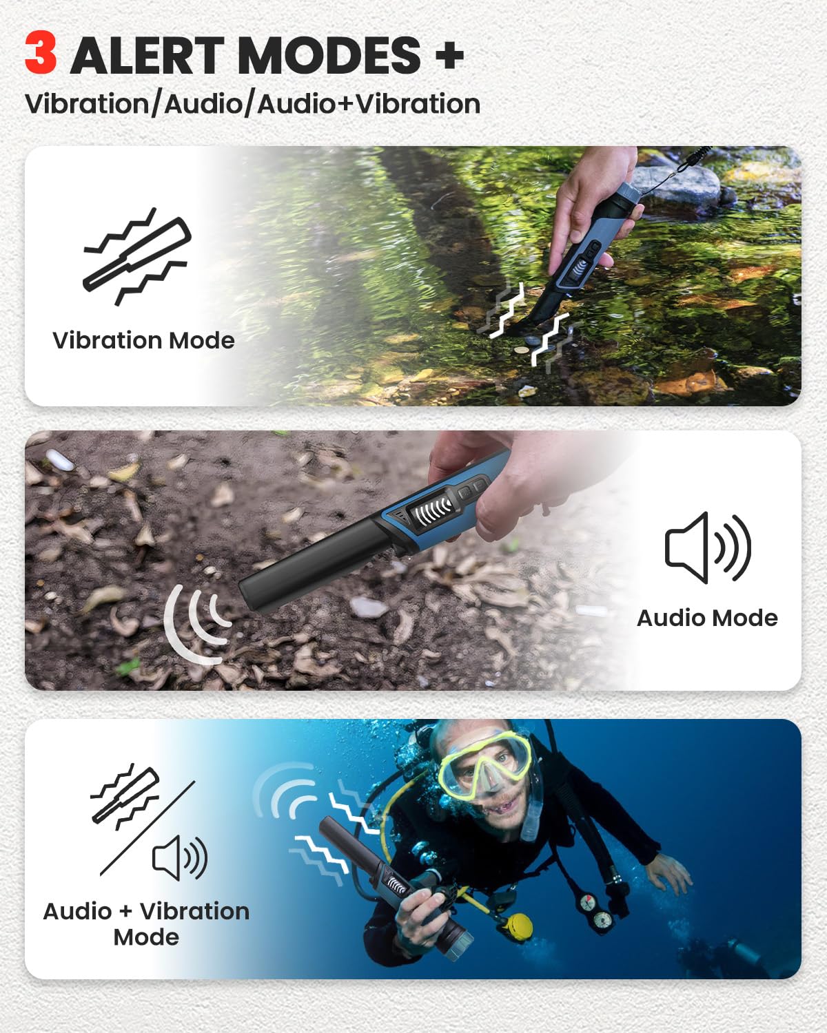DR.ÖTEK pinpointer three modes tailor alerts to environment.