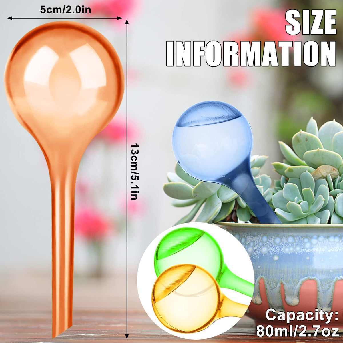 Droutti watering globes blue pink yellow demonstrate color variety for home decor and plant care.
