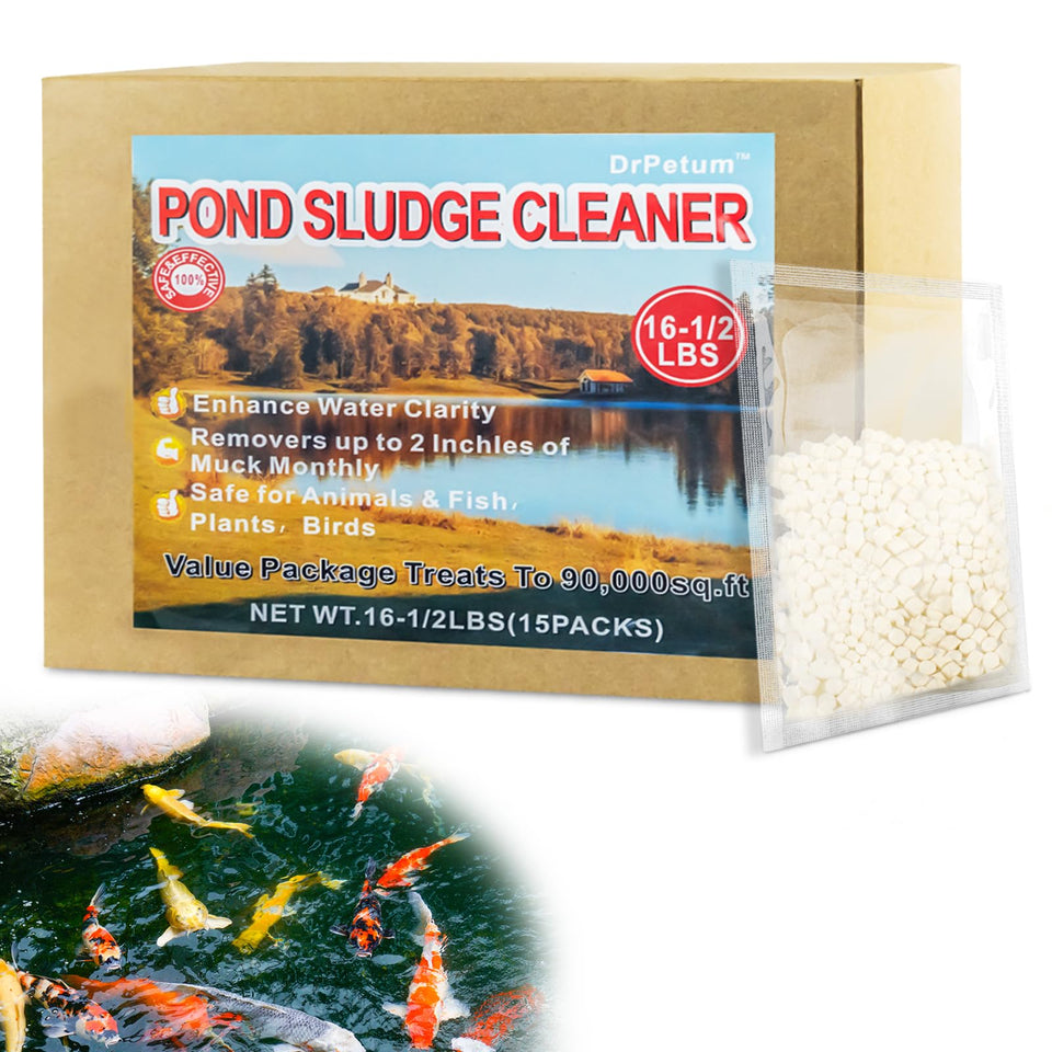 DrPetum Muck Reducer tablets in packaging for easy pond care.