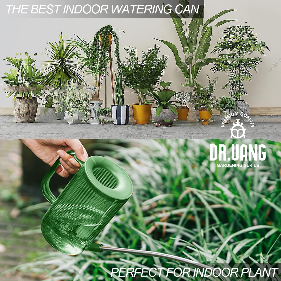 DR.UANG green watering can placed on a windowsill for daily use