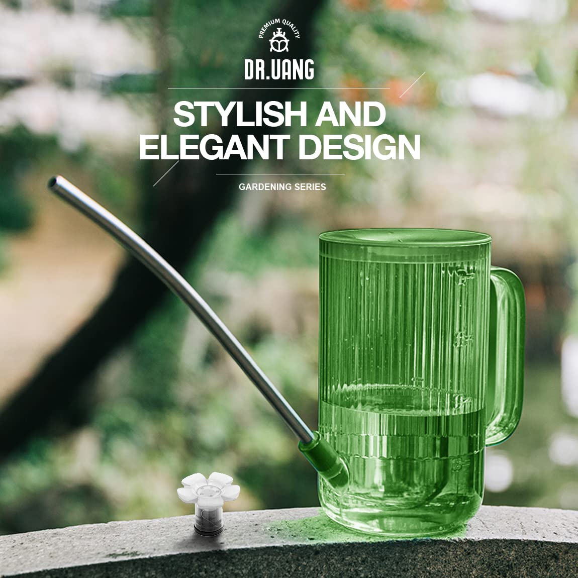 DR.UANG green watering can being held for convenient plant care