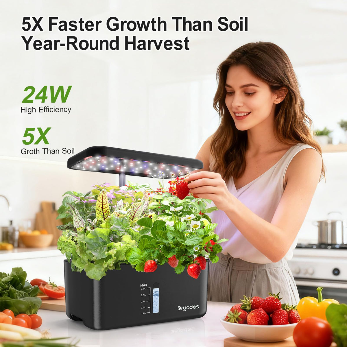 Dryades full-spectrum 24W grow light powers vibrant indoor growth.