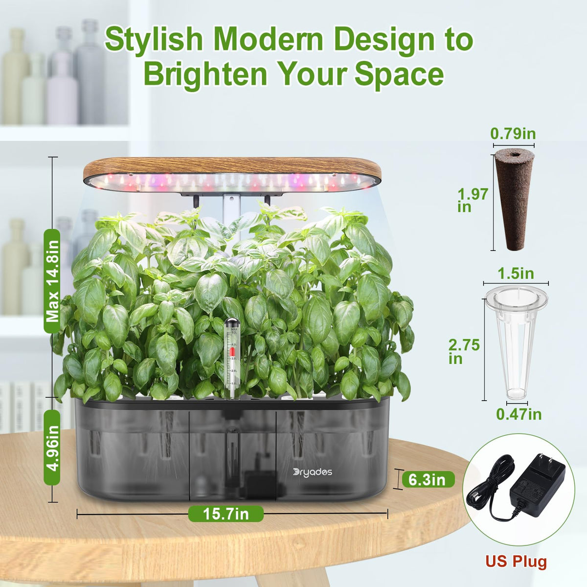 DRYADES height adjustable grow light captures taller plants with minimal adjustment