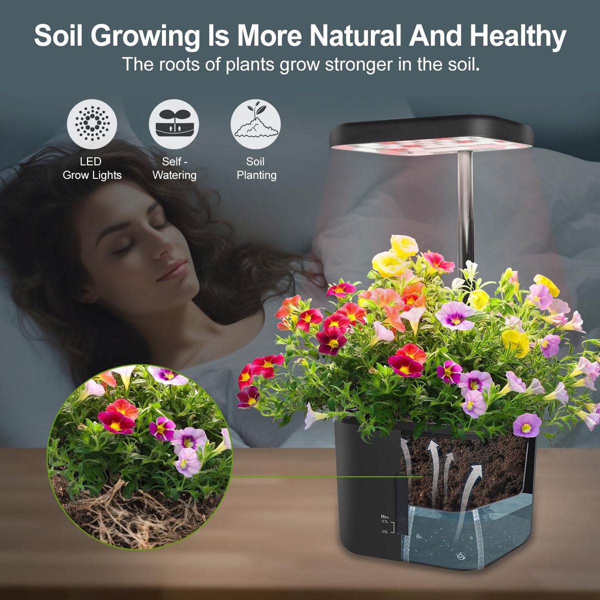 DRYADES self-watering planter close-up showing reservoir and moisture system