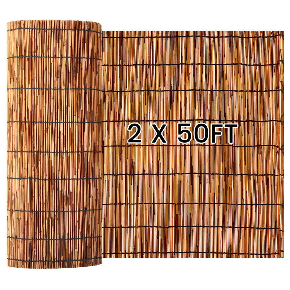 Drydiet natural reed fencing roll, side view, privacy solution with rustic appeal.