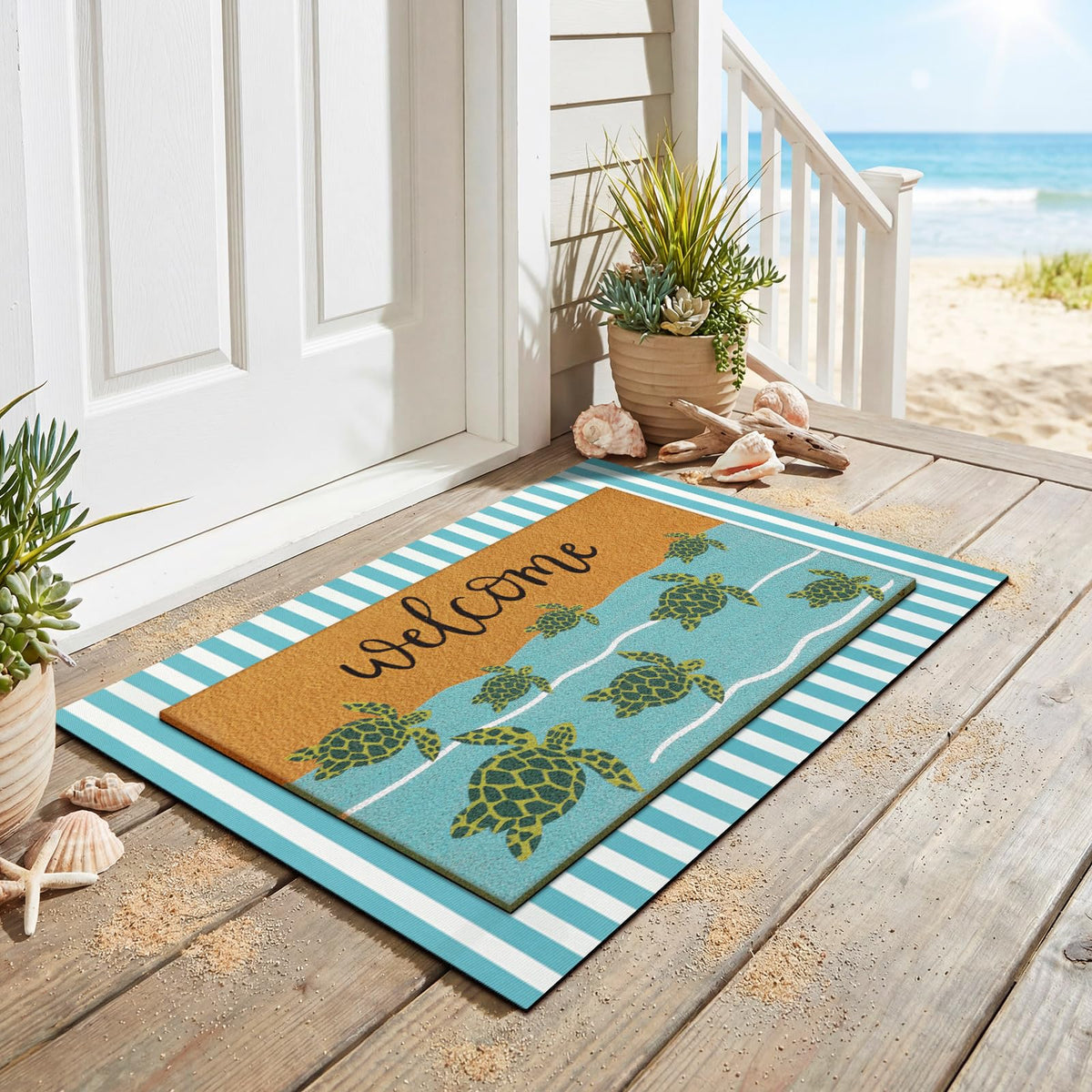 Drydiet blue striped outdoor rug adds porch style and wear resistance.
