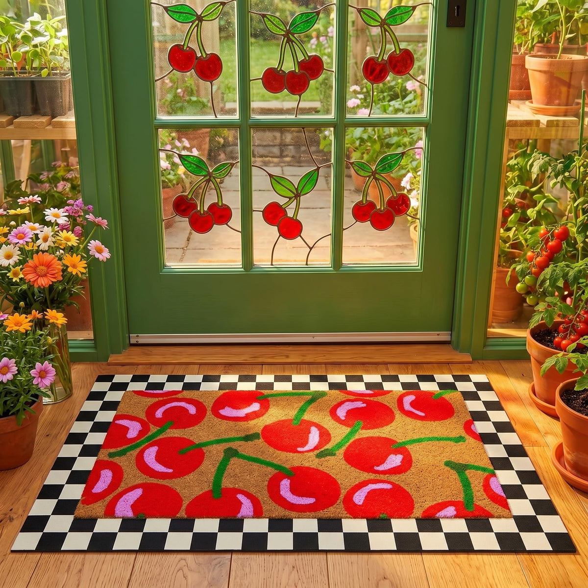 Drydiet cherry-pattern top mat adds bright summer charm to your entry