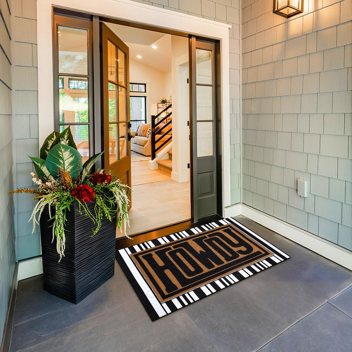 Drydiet farmhouse-style entrance rug adds warm curb appeal.