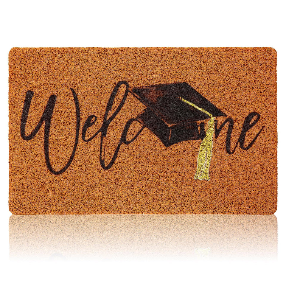 Drydiet Graduation Welcome Doormat at the front door with graduation cap print.