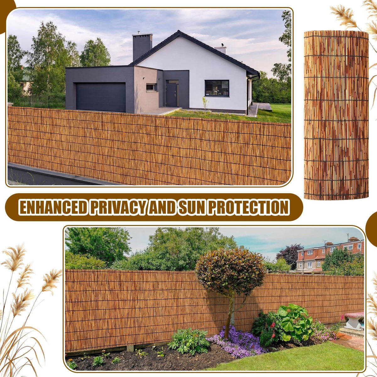Drydiet reed fence installed outdoors, easy setup and natural backdrop.