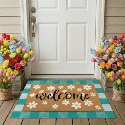 Drydiet spring layered coir doormat with a daisy welcome design enhances curb appeal.