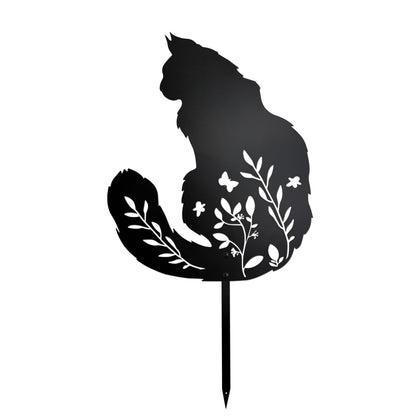 Dryelves Maine Coon Garden Stake with floral cutouts for elegant outdoor decor.