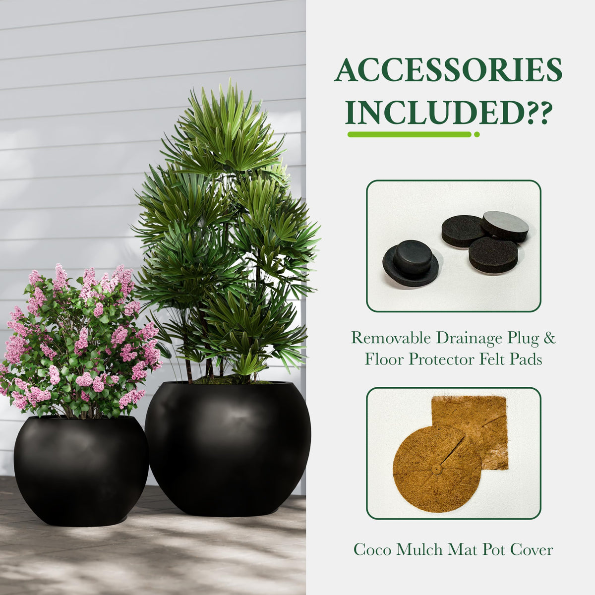 Mats included under the planter for moisture balance and mess reduction.
