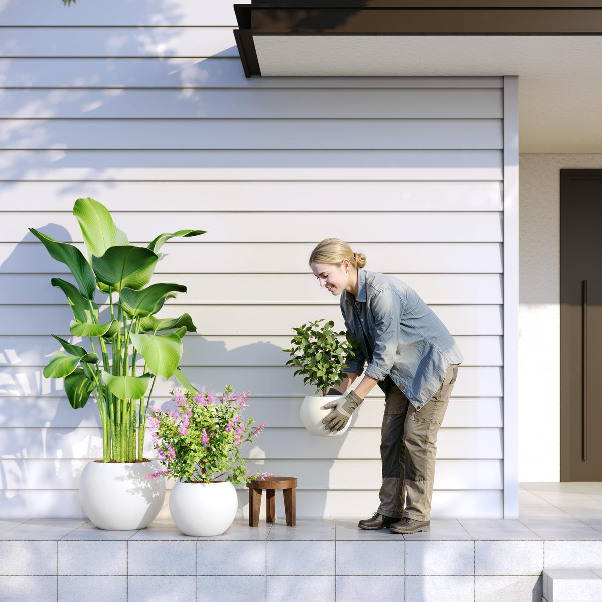 DTY Premium Mt Sherman larger white planter at entryway display.