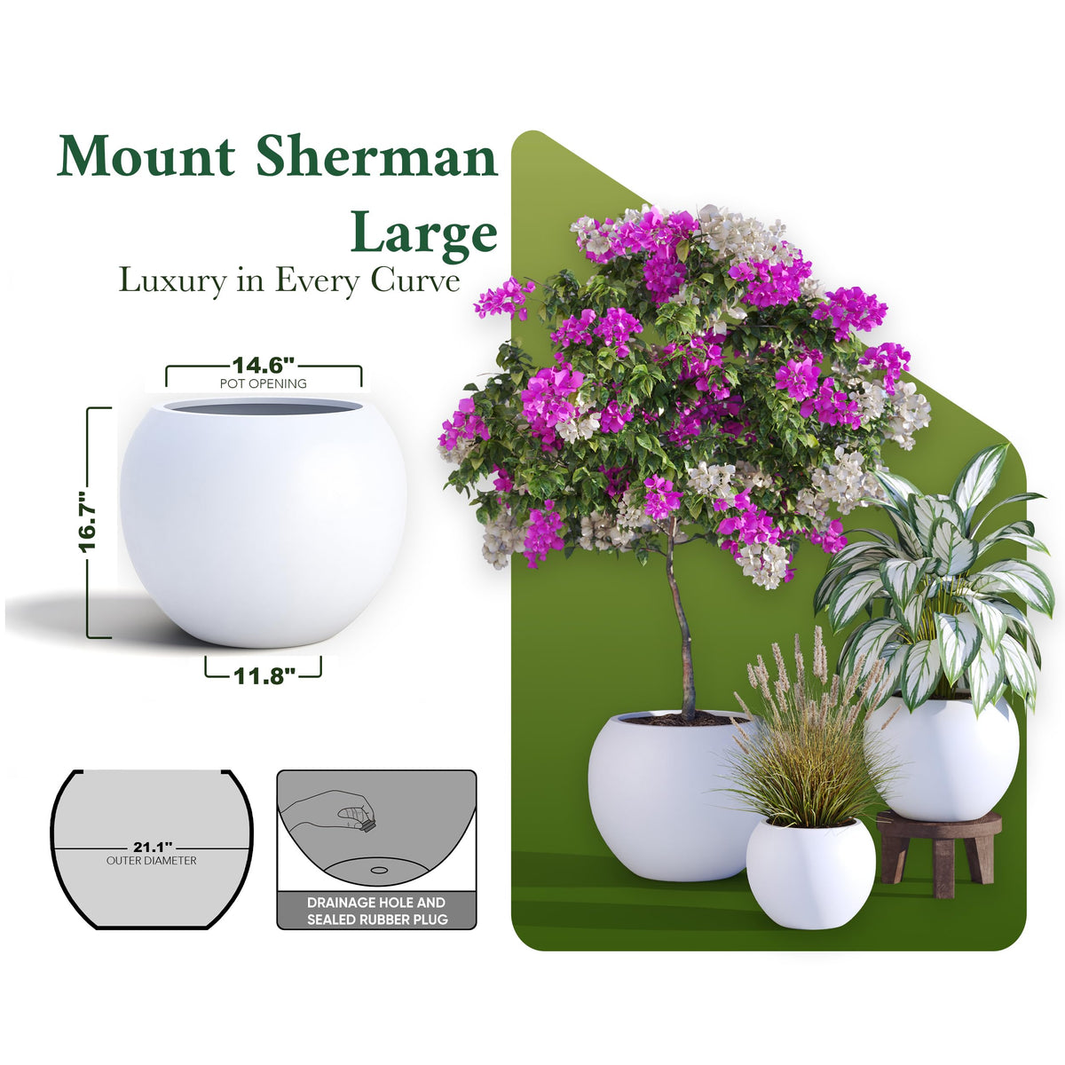 DTY Premium Mt Sherman white fiberstone planter with weather-resistant finish.