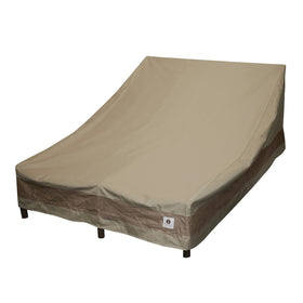 Duck Covers Elegant waterproof 82-inch chaise lounge cover protecting a patio chair from rain.