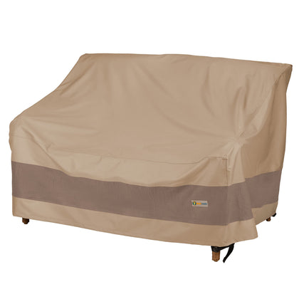 Duck Covers Elegant waterproof loveseat cover protecting furniture from rain and wind.