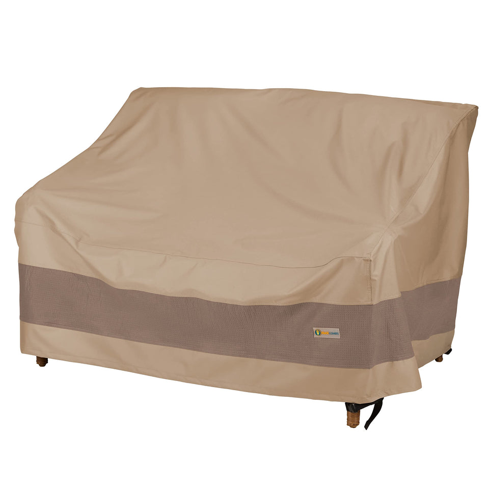 Duck Covers Elegant waterproof loveseat cover protecting furniture from rain and wind.