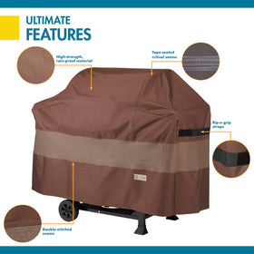 Duck Covers waterproof outdoor grill cover shields against wind and snow.