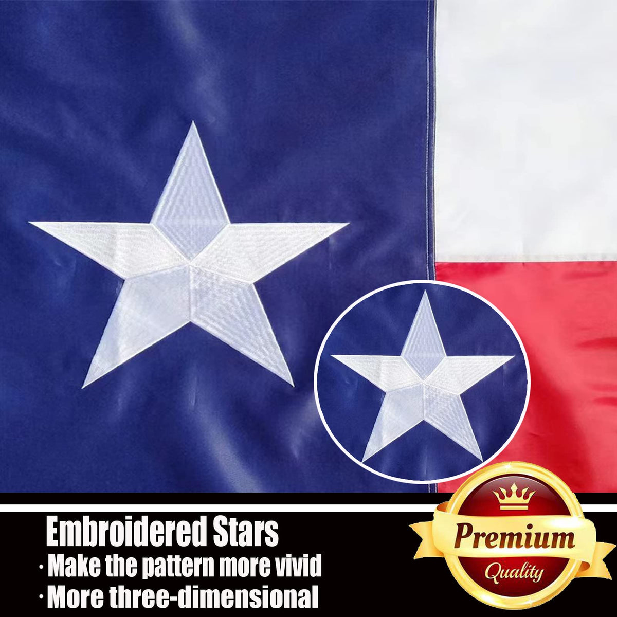 ducuh Texas State Flag close-up shows sewn stripes and bright stitching
