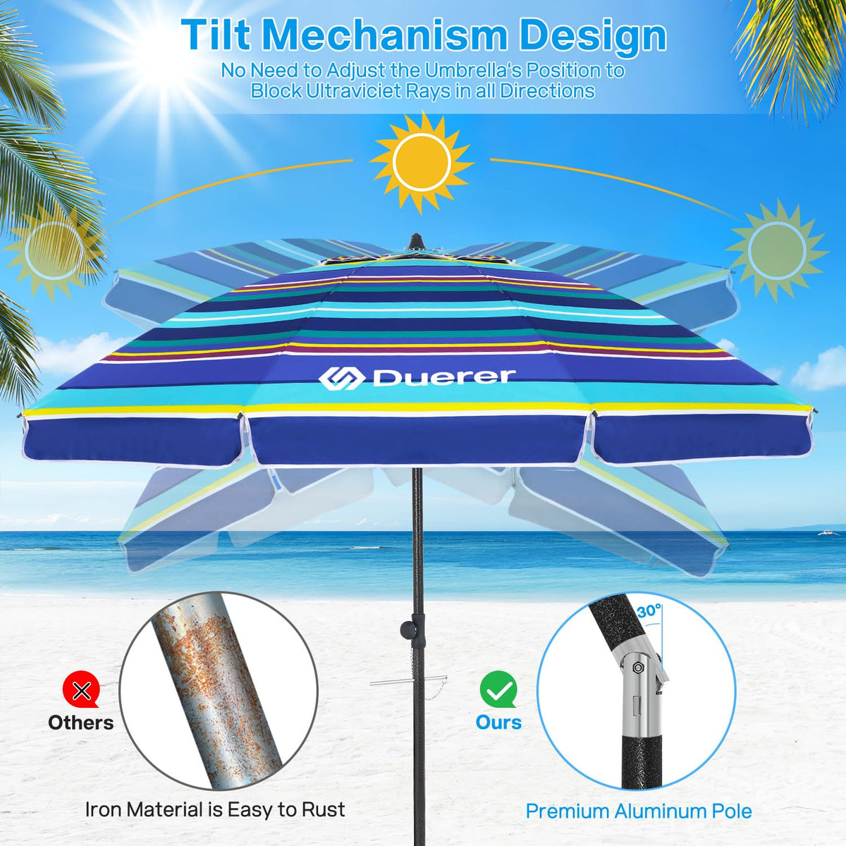 Duerer beach umbrella iron pole with twist handle for quick setup.
