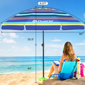 Duerer beach umbrella vented hood keeps shade cooler on hot days.