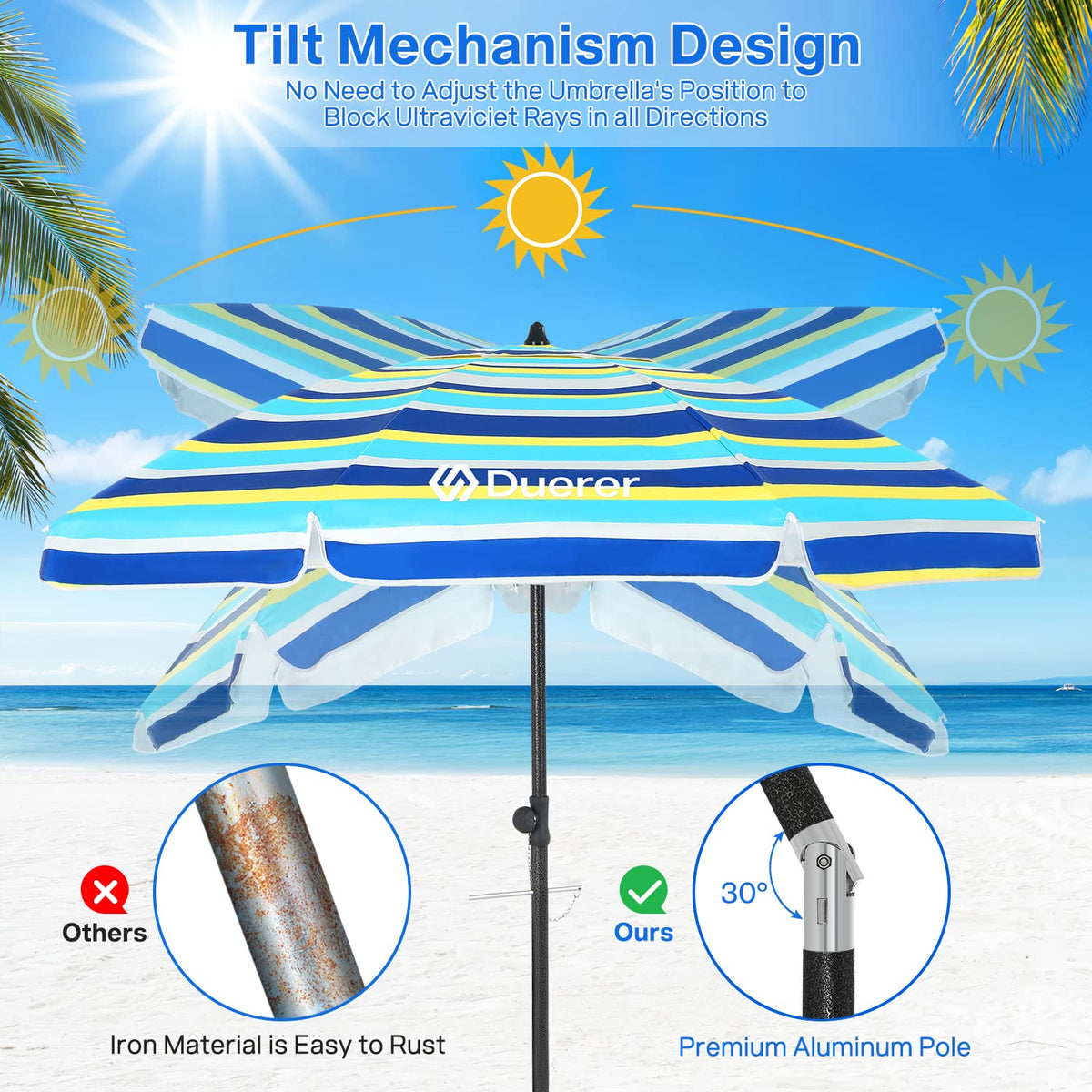 Duerer beach umbrella with 8 fiberglass ribs vented hood for wind stability