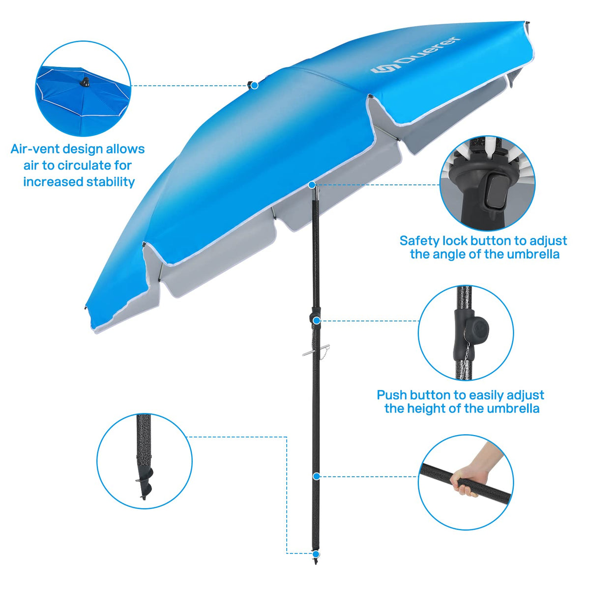 Duerer Beach Umbrella with 8 fiberglass ribs for durable performance in gusts.