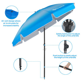 Duerer Beach Umbrella with 8 fiberglass ribs for durable performance in gusts.
