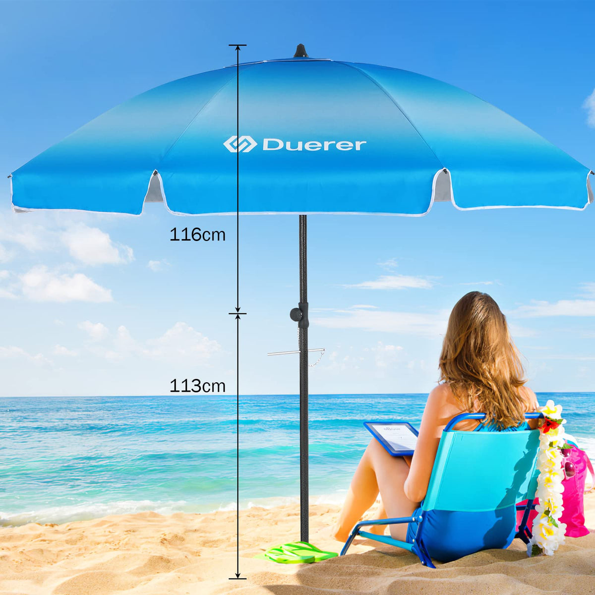 Duerer Beach Umbrella rust-resistant iron pole with black-plated finish for longevity.