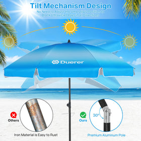 Duerer Beach Umbrella vented hood promotes airflow for cooler shade in wind.