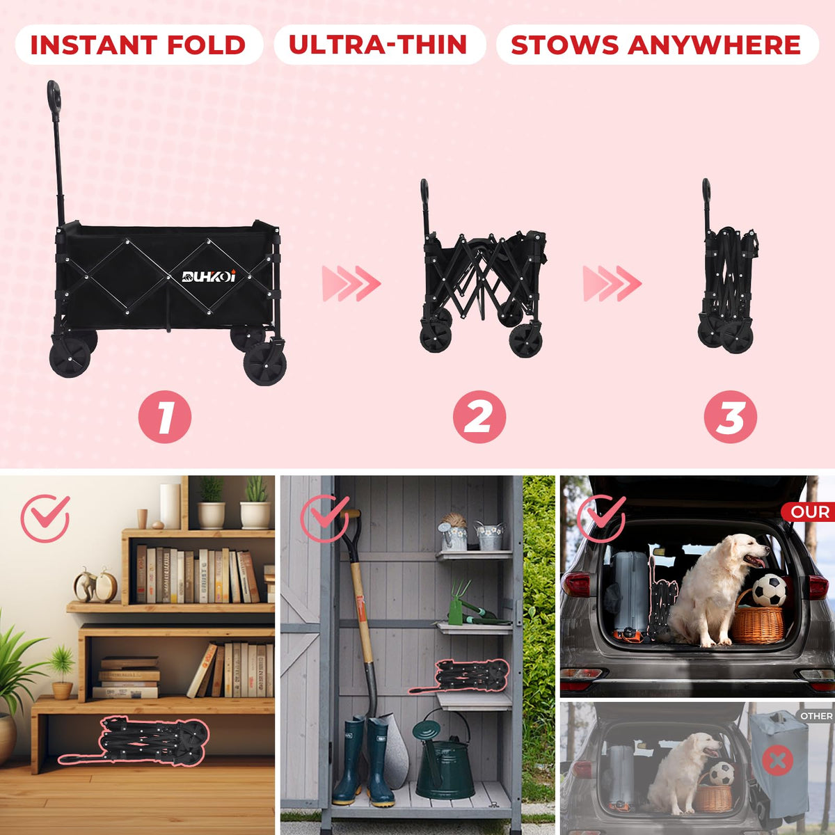DUHKOI collapsible wagon ergonomic telescoping handle reduces wrist strain.