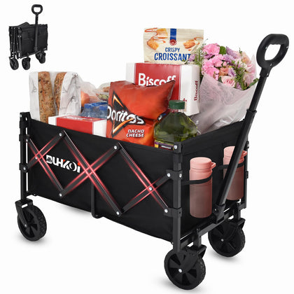 DUHKOI collapsible wagon folded profile shows compact storage and easy portability.