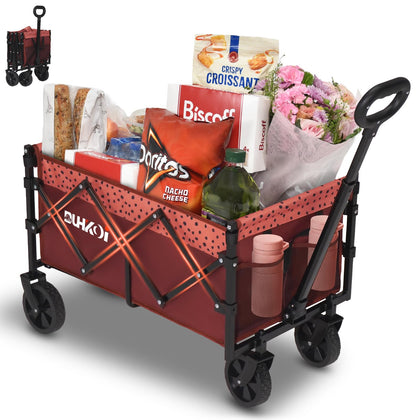 DUHKOI collapsible wagon folded state demonstrates compact storage for small spaces.