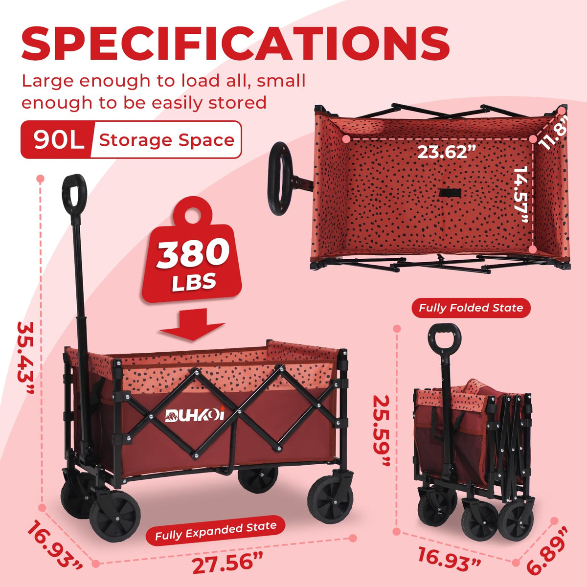 DUHKOI collapsible wagon unfolded dimensions suitable for groceries and outdoor prep.