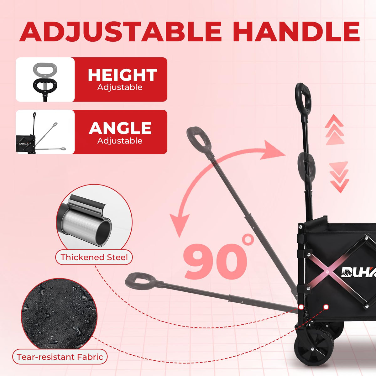 DUHKOI collapsible wagon washable 600D fabric stays clean after trips.