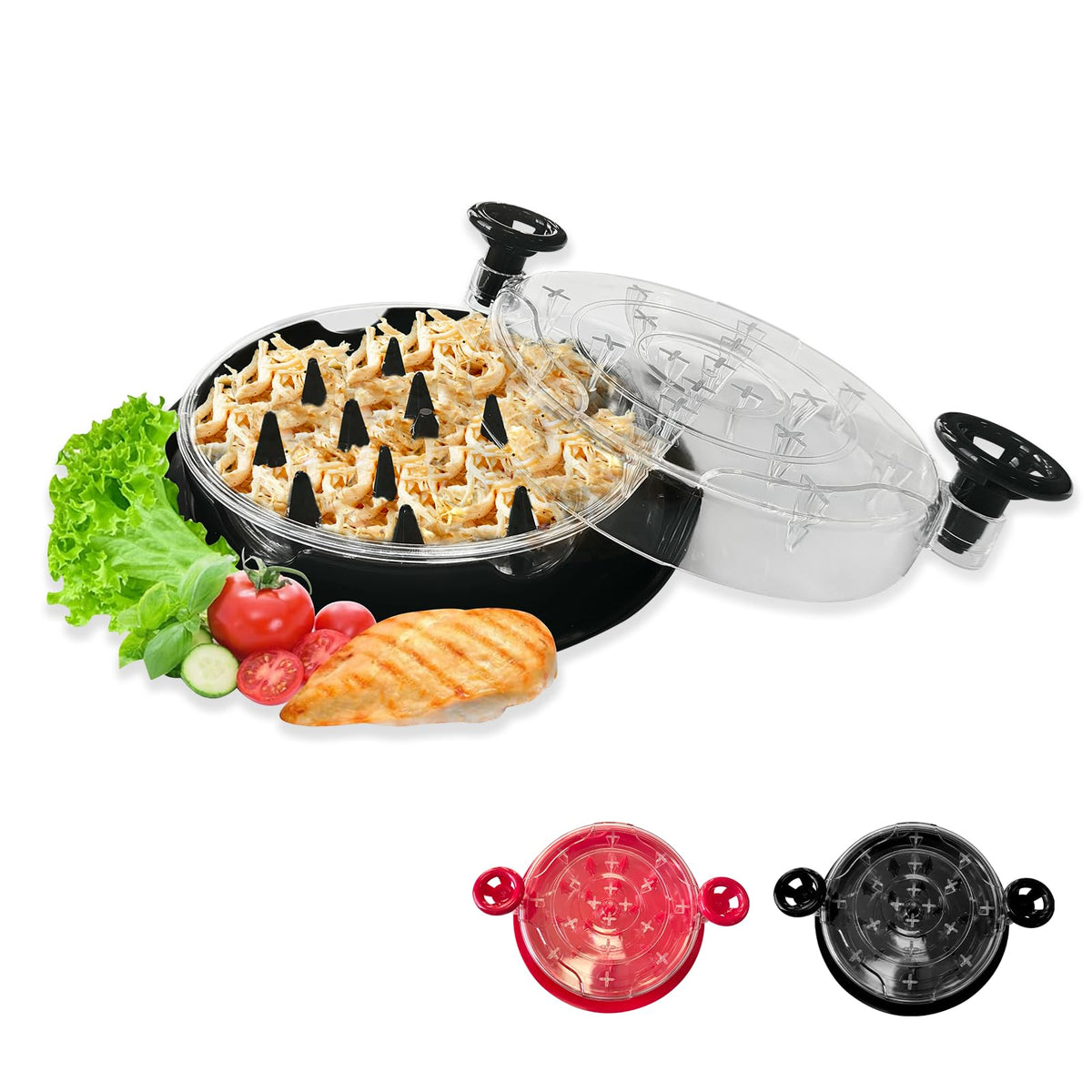 Dulzstud Chicken Shredder with lid twist for quick, even shredding.